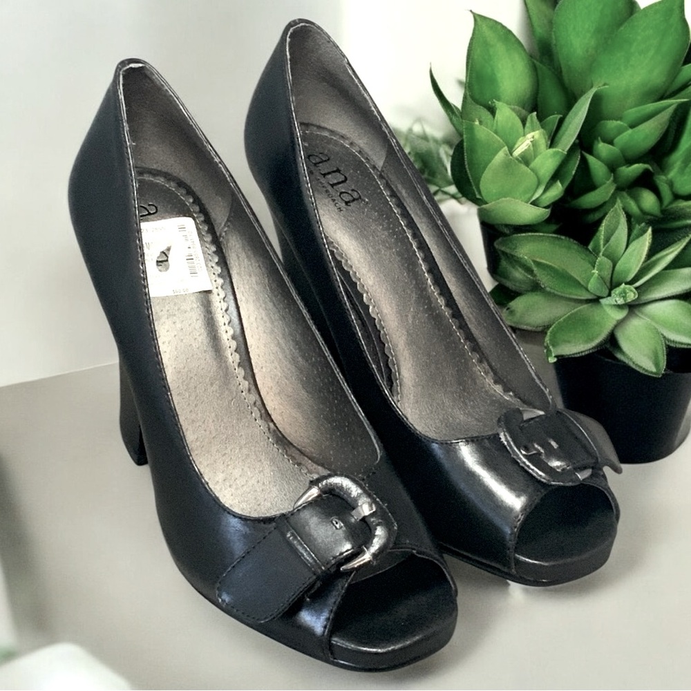 A.n.a Chunky Heel Peep Toe Pumps, Black, Size 9